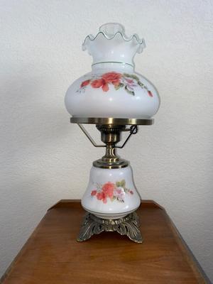 ANTIQUE 2 DRAWER NIGHT STAND AND GLASS GLOBE LAMP (1of2)