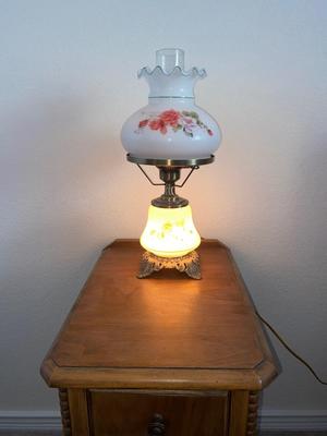 ANTIQUE 2 DRAWER NIGHT STAND AND GLASS GLOBE LAMP (1of2)