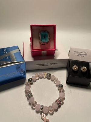 NIB Avon Ring watch, Breast Cancer Awareness bracelet, Love at First Sight earrings
