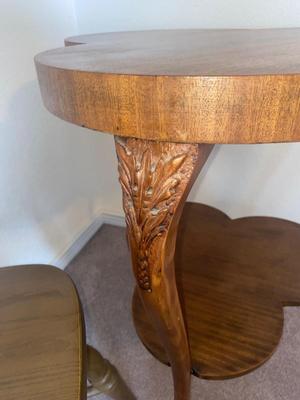 ANTIQUE TABLE, DOILY & SIDE CHAIR