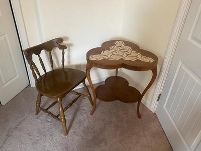 ANTIQUE TABLE, DOILY & SIDE CHAIR