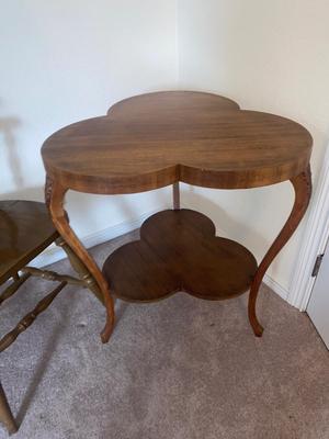ANTIQUE TABLE, DOILY & SIDE CHAIR
