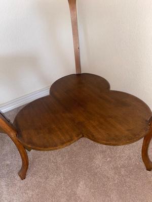 ANTIQUE TABLE, DOILY & SIDE CHAIR