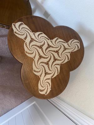 ANTIQUE TABLE, DOILY & SIDE CHAIR