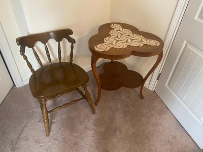ANTIQUE TABLE, DOILY & SIDE CHAIR