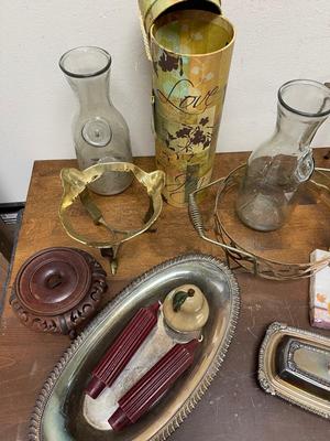 Various Kitchen / Dining Lot- Silver-plate, Display stands, Glass Plates, Napkins, Carafes, Casserole Holders