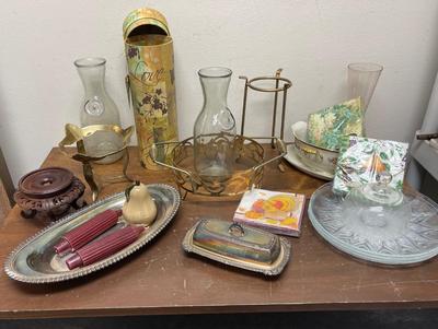 Various Kitchen / Dining Lot- Silver-plate, Display stands, Glass Plates, Napkins, Carafes, Casserole Holders