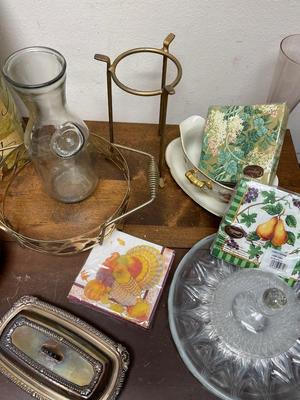 Various Kitchen / Dining Lot- Silver-plate, Display stands, Glass Plates, Napkins, Carafes, Casserole Holders