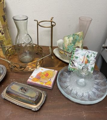 Various Kitchen / Dining Lot- Silver-plate, Display stands, Glass Plates, Napkins, Carafes, Casserole Holders