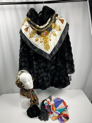Lot K 337 NWT Gallery New York Ladies Faux Fur Coat Earmuffs Gloves Scarves