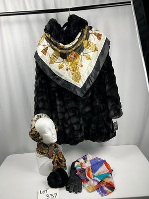 Lot K 337 NWT Gallery New York Ladies Faux Fur Coat Earmuffs Gloves Scarves