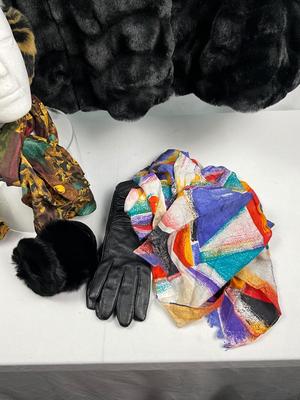 Lot K 337 NWT Gallery New York Ladies Faux Fur Coat Earmuffs Gloves Scarves