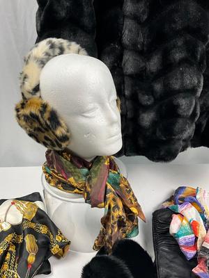 Lot K 337 NWT Gallery New York Ladies Faux Fur Coat Earmuffs Gloves Scarves