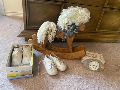 VINTAGE BABY SHOES, DECORATIVE ROCKING HORSE AND CLOCK