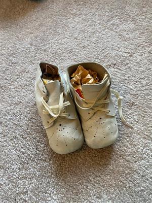 VINTAGE BABY SHOES, DECORATIVE ROCKING HORSE AND CLOCK