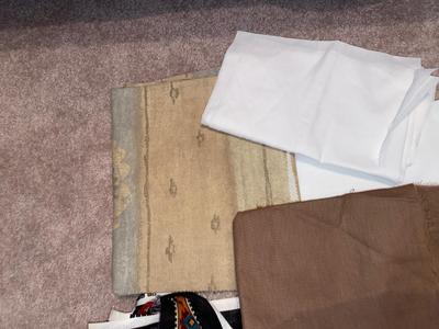 SEVERAL YARDS OF MATERIAL & CUT FOR QUILTING AND OTHER LARGE PIECES OF MATERIAL