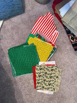 SEVERAL YARDS OF MATERIAL & CUT FOR QUILTING AND OTHER LARGE PIECES OF MATERIAL