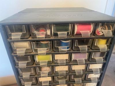 DOUBLE SIDED MULTI DRAWER CAROUSEL ORGANIZER PACKED WITH CRAFTING ITEMS