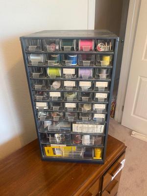 DOUBLE SIDED MULTI DRAWER CAROUSEL ORGANIZER PACKED WITH CRAFTING ITEMS