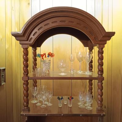 LOT 4: Vintage Spanish-Style Carved Wood Bar w/ Glasses & More