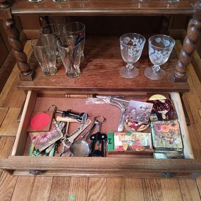 LOT 4: Vintage Spanish-Style Carved Wood Bar w/ Glasses & More