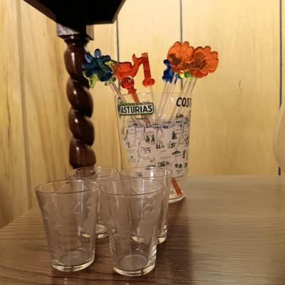 LOT 4: Vintage Spanish-Style Carved Wood Bar w/ Glasses & More