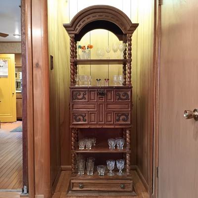 LOT 4: Vintage Spanish-Style Carved Wood Bar w/ Glasses & More