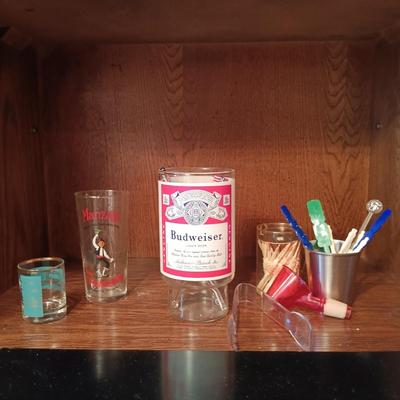 LOT 4: Vintage Spanish-Style Carved Wood Bar w/ Glasses & More