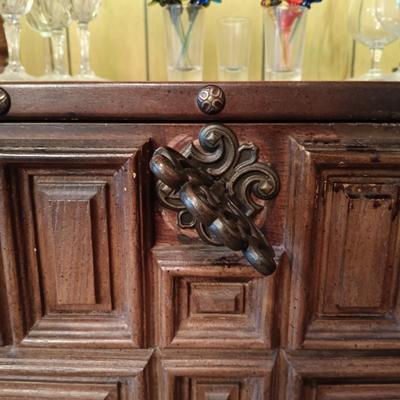 LOT 4: Vintage Spanish-Style Carved Wood Bar w/ Glasses & More