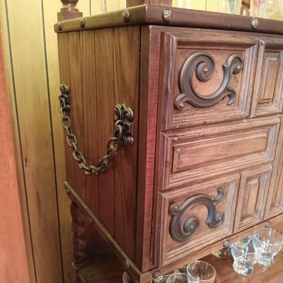 LOT 4: Vintage Spanish-Style Carved Wood Bar w/ Glasses & More