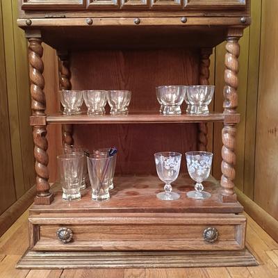 LOT 4: Vintage Spanish-Style Carved Wood Bar w/ Glasses & More