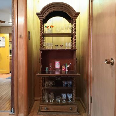 LOT 4: Vintage Spanish-Style Carved Wood Bar w/ Glasses & More