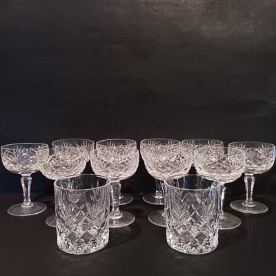 LOT 8: Galway Crystal (Set of 2) Renmore Whiskey Glasses with (Set of 10) Ashford Champagne Glasses