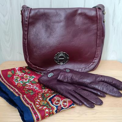 LOT 14: Vintage Etienne Aigner Burgundy Shoulder Bag with Matching Gloves & Strawbridge & Clothier Scarf