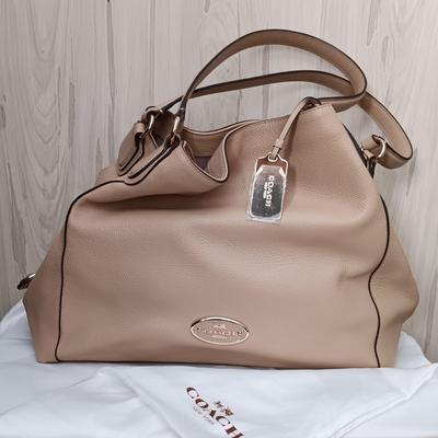 LOT 16: Coach Edie Beige Leather Shoulder Bag with Cloth Cover