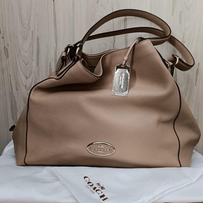 LOT 16: Coach Edie Beige Leather Shoulder Bag with Cloth Cover