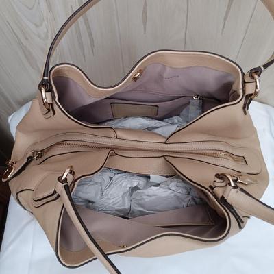LOT 16: Coach Edie Beige Leather Shoulder Bag with Cloth Cover