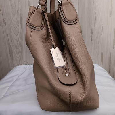 LOT 16: Coach Edie Beige Leather Shoulder Bag with Cloth Cover