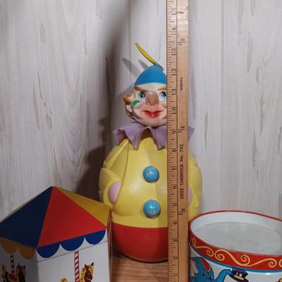 LOT 27: West German Rolly-Togs Roly Poly Clown, Carousel Music Box with Trinkets, Metal Drum & Marble Game