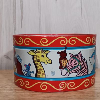 LOT 27: West German Rolly-Togs Roly Poly Clown, Carousel Music Box with Trinkets, Metal Drum & Marble Game