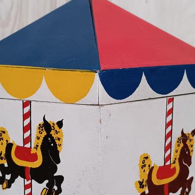 LOT 27: West German Rolly-Togs Roly Poly Clown, Carousel Music Box with Trinkets, Metal Drum & Marble Game
