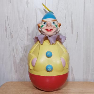 LOT 27: West German Rolly-Togs Roly Poly Clown, Carousel Music Box with Trinkets, Metal Drum & Marble Game