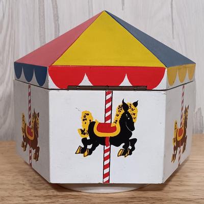 LOT 27: West German Rolly-Togs Roly Poly Clown, Carousel Music Box with Trinkets, Metal Drum & Marble Game
