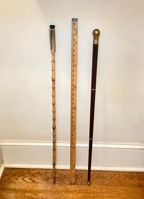 LOT 185: Vintage Knob Style w/Hidden Glass Flask/Vial Walking Stick/Cane & Unique Bamboo Style w/ Antler Handle Cane/Walking Stick