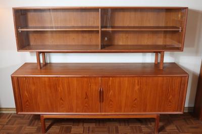 Danish Teak Tambour Doors Long Credenza with Glass Doors Hutch