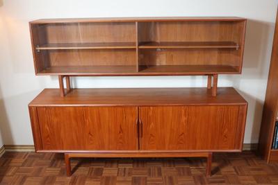 Danish Teak Tambour Doors Long Credenza with Glass Doors Hutch