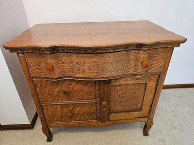 Antique Oak three drawer dresser with storage cabinet curved top drawer
