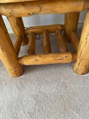 PINE LOG NIGHT STAND WITH 1 DRAWER AND IRON BASE LAMP