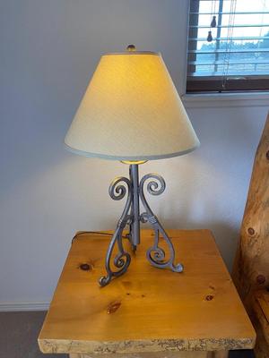 PINE LOG NIGHT STAND WITH 1 DRAWER AND IRON BASE LAMP