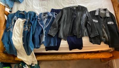 LADIES CLOTHING, LEATHER JACKET, VEST, AND PANTS